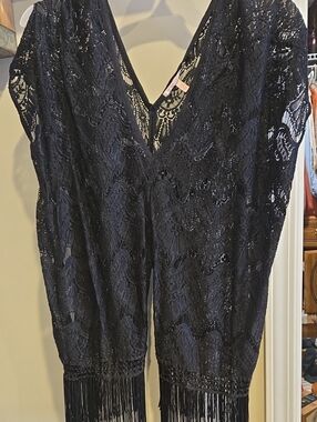 Black Lace Fringe V-Neck Women's Top